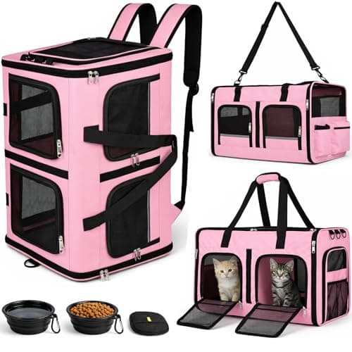 Extra Large 3-in-1 Cat Carrier for 2 Cats, with Removable Divider, Superior Ventilation, Portable Soft Sided Double Cat Carrier Large, Hair Removal Glove, 2*Bowl, Extra Side Storage Bag Included