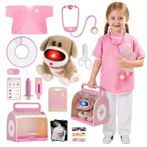 TOP BRIGHT Doctor Kit for Toddlers 3-5, Pretend Play Doctor Set with Pink Veterinarian Costume, DR Kit Dress Up Toys for Kids, Role Play Dog Vet Playset, Christmas Birthday Gifts for Girls Boys 3 4 5