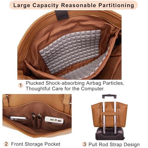 YZAOLL 15.6 Inch Laptop Tote Bag for Women,Water-resistant Vegan Leather with Anti-Scratch Padded Sleeve,Lightweight Multi-Pocket Work Bag for Business Travel,College,Office Essentials,Brown - Thumbnail 5