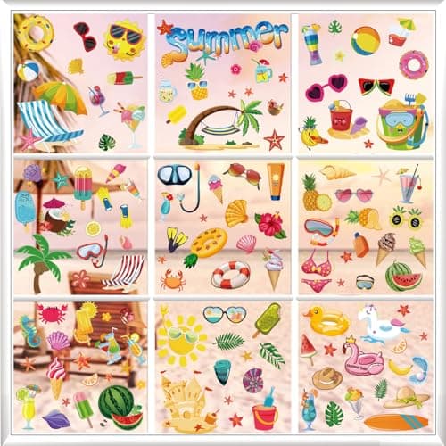 ​132PCS Summer Window Clings,Reusable Double-Sided Spring Summer Window Stickers,Reusable Static Beach Clings,Vibrant Seasonal Window Decals for Tropical Home Decor (9 Sheets) - Thumbnail 2