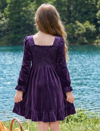 JiAmy Toddler Winter Dress Girls Velvet Long Sleeve Smocked Shirred Ruffle Flared Casual Dresses Purple 4-5Y - Thumbnail 2