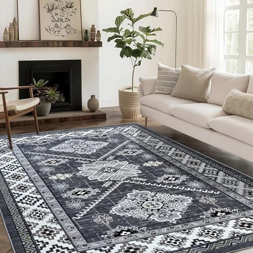 Boho Washable Area Rug 5x7, Large Soft Rugs for Living Room Farmhouse Vintage Grey Carpet 5x7 Area Rugs for Bedroom Dining Room Non-Slip Stain Resistant Under Table Rug - Thumbnail 4