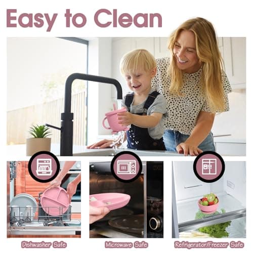 Baby Led Weaning Supplies, 17 Piece BPA-Free Silicone Feeding Set, Eating Essentials Baby Utensils with Suction Plate and Bowl, Pocket Bib, Sippy Cup with Lid, for 6+ Months, Pink - Thumbnail 6