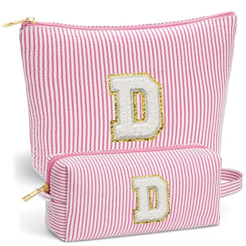 Fohufo Travel Essentials - Portable Travel Makeup Bag Set for Women, Portable Initial Travel Toiletry Bag, Makeup Pouch Organizer Cosmetic Bag Birthday Gifts for Women, Pink Letter D
