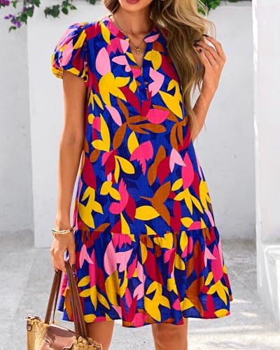 dowerme Womens Summer Dresses 2026 Puffy Sleeve V Neck Loose Floral Print A Line Boho Mini Babydoll Dress with Pockets(Blue Floral,X-Large) - Thumbnail 2