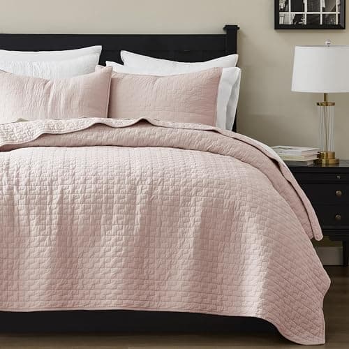 palassio Pink 100% Cotton Quilt California Cal King Size Bedding Sets with 2 Pillow Shams, Oversized Lightweight Bedspread Shabby Chic Coverlet, Soft Bed Cover for All Season, 3 Pieces - Image 1