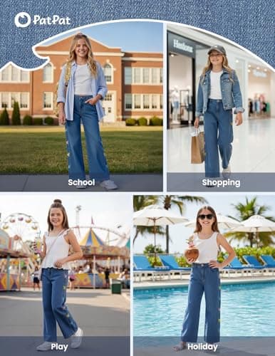 PATPAT Girls Baggy Wide Leg Jeans 5-14Y, Elastic Mid-Wasit Denim Pants with Checkerboard/Butterfly Embroidery for Kids Teens - Thumbnail 2