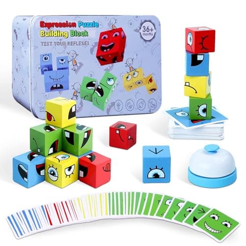 Montessori Puzzle Game for Kids - Wooden Face Changing Magic Cube Game, Educational Face Changing Cubes, 3+ Years (64 Cards, 16 Blocks, 1Bell)