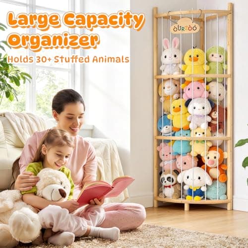 Wooden Stuffed Animal Storage Corner Organizer with Stability Strap, Space-Saving 1/4 Circular Plushie Holder for 30+ Plushies,Stuffed Animal Zoo Tower for Livingroom Organizer and Storage - Thumbnail 4