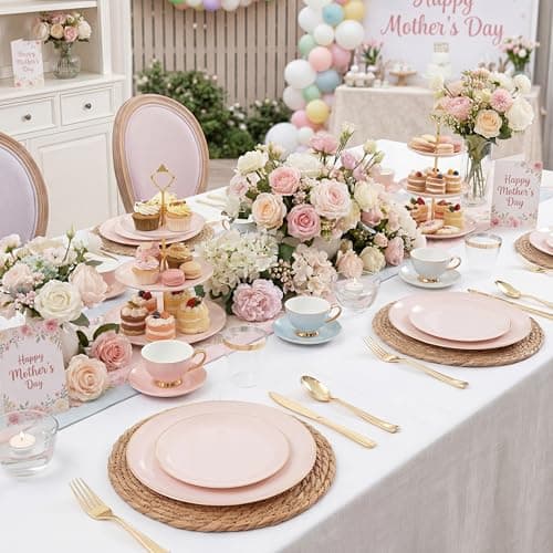 KIRE 175PCS Pink Plates Disposable - Heavy Duty Pink and Gold Plastic Plates Dinnerware Sets - 25 for Dinner 25 for Dessert 25 Pre Rolled Napkins 25Cups for Spring/Wedding/Party/Baby Shower - Thumbnail 2