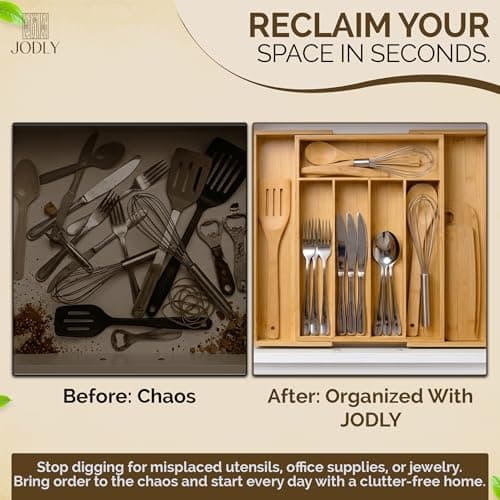 JODLY Bamboo Kitchen Utensil Drawer Organizer for Silverware | 100% Natural Expandable 14-20 Inch Kitchen Drawer Organizers for Utensils | Non-Slip Base | Screwed Joints for Long-Lasting Durability - Thumbnail 6