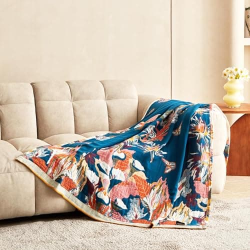 MSGKV Boho Throw Blanket for Couch and Sofa 50"x60" Cotton Throw Cover for Living Room with Floral and Butterfly, Spring Breathable&Lightweight Blanket - Thumbnail 5