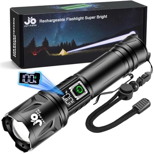 JAY-PARK High Lumen Flashlight - 100000 Lumens, Rechargeable 5000mAh with LCD Display, Zoomable Long Beam (3000m), IP67 Waterproof, 5 Modes & Belt Clip - for Camping, Dog Walking - Image 1