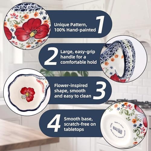 ALMA 2026 Updated Soup Bowls With Loop Handles Microwave & Oven Safe, 18oz Handpainted Flower Soup Mug for Women, Decorative Ceramic Cereal Bowls For Soup,Fruits,Stew,Ice cream,Snack-Red Lily Theme - Thumbnail 6