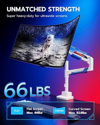 ARES WING CoreArm Single Monitor Mount, Ultrawide Monitor Arm for 24 to 57'' Heavy Duty Curved Screen, Adjustable Gas Spring Monitors Arm Stand up to 66LBS with 75/100/200 Vesa Mount, White - Thumbnail 2