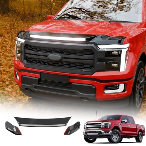 Maxzina ABS Hood Protector with LED Lights Compatible with 2021-2026 Ford F150 XL/STX/XLT/Lariat Hood Shield Bug Deflector 3-Piece Bonnet Guard for 2025 Ford F-150 Accessories (Strip White Light)