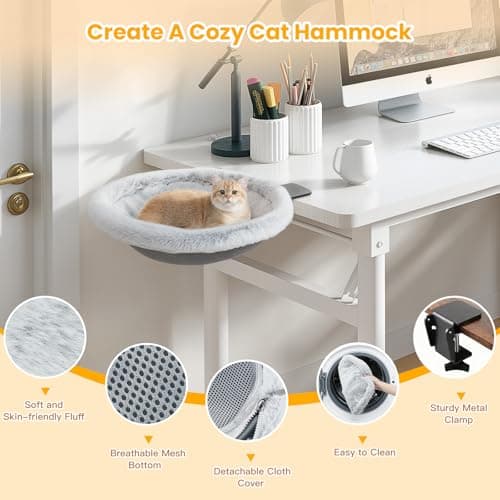 Pawaboo Cat Desk Bed, Sunken Cats Hammock with Steel Clamp Hold up to 40lbs, One-click Foldable Cat Side Table Beds with Soft Plush, Reversible & Washable Hanging Cats Bed for Game Office Home Desktop - Thumbnail 5