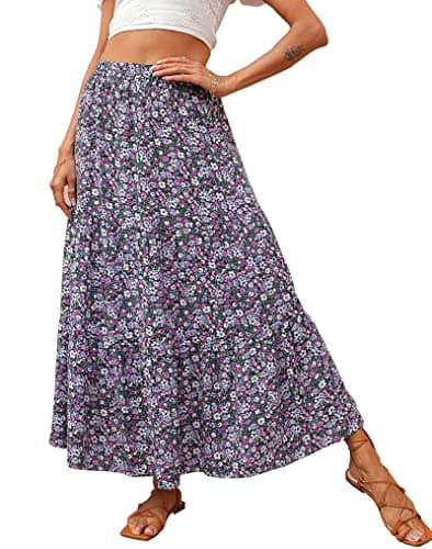 KIRUNDO Women 2026 Spring Summer High Waist Boho Floral Maxi Skirt Trendy Casual Flowy Swing Pleated A Line Beach Long Skirts(Black Purple, X-Large)