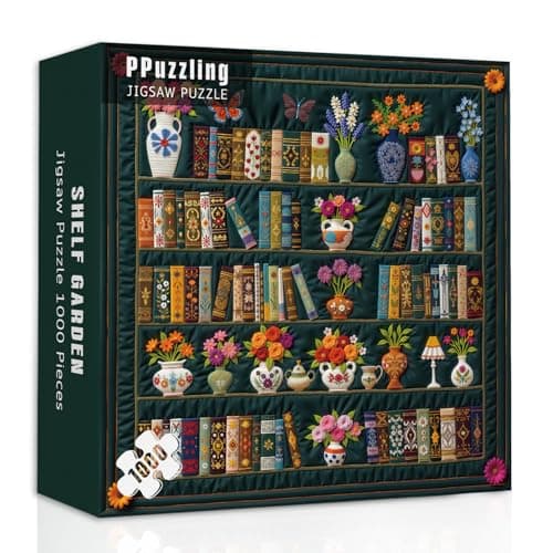 Vintage Bookshelf Puzzle 1000 Pieces for Adults, Wildflower Pages Floral Book Jigsaw Puzzle, Botanical Library Shelf Puzzle