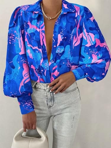 BTFBM Summer Blouses for Women Dressy Casual 2026 Long Sleeve Button Down Shirt V Neck Boho Spring Tops Fashion Clothing(Floral Blue Pink, Medium) - Thumbnail 3