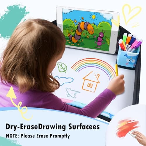 WENRENER Kids Travel Tray, Car Seat Tray for kids Travel, Toddler Road Trip Essentials With Drawing Kit, Toddler Lap Desk Organizer for Car, Carseat Table for Airplane - Thumbnail 3