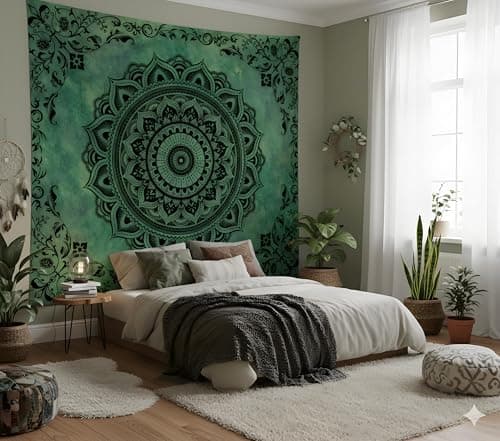 Tichgeim Green Mandala Tapestry for Bedroom Aesthetic, Boho Hippie Ceiling Art Decor Tapestries, Bohemian y2k Floral Backdrop Wall Hanging for Teen Girls Dorm Living Room (51"X60") - Thumbnail 3