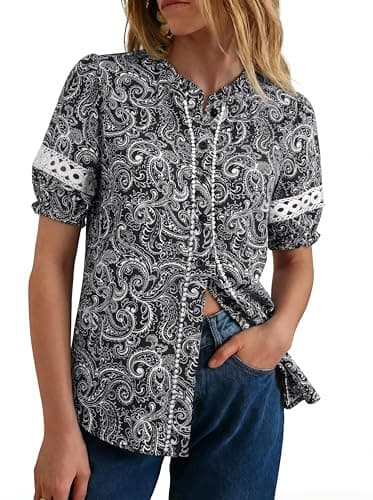 GRACE KARIN Women Boho Floral Tops, Summer Short Eyelet Sleeve Dressy Casual Shirts, Spring Button Down Blouse 2026 Trendy Black Small - Image 1