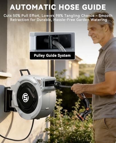 SUNPOW Retractable Garden Hose Reel - 5/8in x 100ft Heavy Duty Wall Mounted Hose Reel with 3/4in Brass Fitting & 10 Function Nozzle - Any Length Lock, Auto Rewind System, 180°Swivel Bracket - Gray - Thumbnail 6