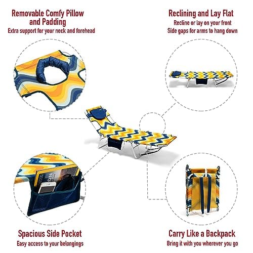 SUNNYFEEL Lounge Beach Chair for Adults with Face Hole, Backpack Reclining Beach Chairs Lay Flat, Sun Face Down Tanning Chair, Portable Folding Camping Cot for Outside Pool, Sunbathing, Reading - Thumbnail 6