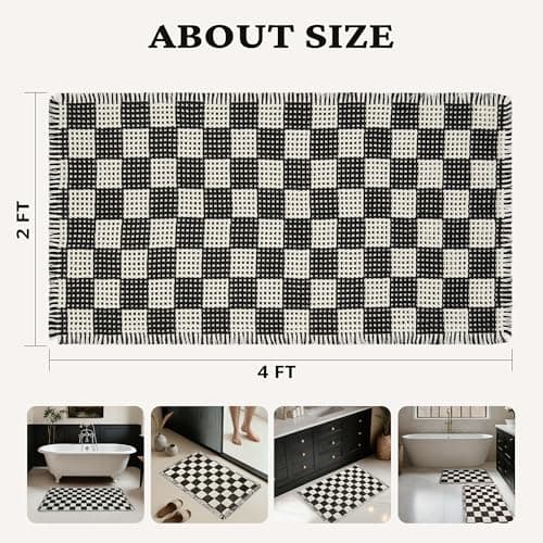 MatEssenz Checkered Runner Rug 2'x4', Black and White Waffle Weave Long Bathroom Rug with Tassels, Non-Slip & Quick Dry Bath Mat for Double Vanity & Kitchen, Machine Washable Boho Decor - Thumbnail 2