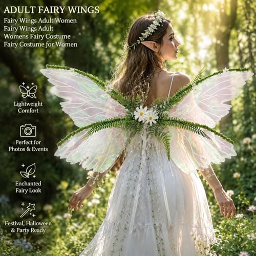 Fairy Wings Set for Kids & Adults - 4 PCS Butterfly Wings with Elf Ears, Flower Crown & Wand - Universal Size Sparkly Fairy Costume for Women Girls, Halloween Cosplay Renaissance Festival White - Thumbnail 5