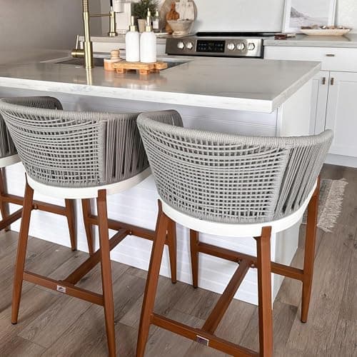 PURPLE LEAF Outdoor Rattan Bar Height Stools Set of 2 Modern Patio Metal Wicker Barstools Boho Aluminum Woven Bar Chairs with Wraparound Arm Backrest for Kitchen Island Garden Indoor Teak - Image 1