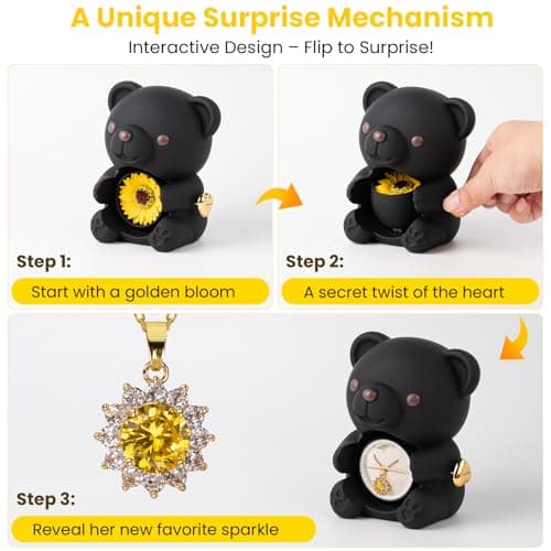 mountova Gift for Her Lucky Bear with Sunflower, Sunflower in Elegant Gift Box with Necklace for Women, Bear Gifts for Mother's Day Valentine's Day Anniversary Weddings Birthday,Christmas, Black - Thumbnail 6