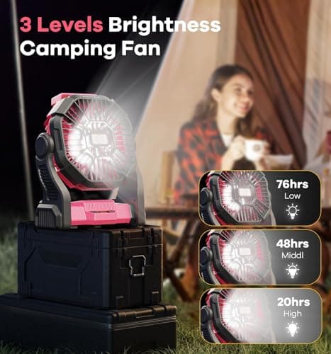 DOWILLDO 20000mAh Portable Battery Powered Camping Fan - with LED Light, Quiet Battery Operated, Camping Gear for Travel, Tent, Beach, Car or Hurricane Power Outages, Pink - Thumbnail 4