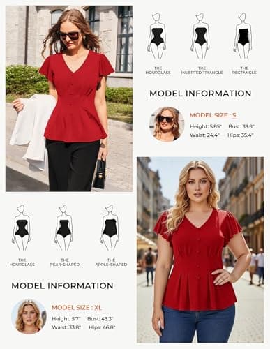 GRACE KARIN Summer Blouses for Women Dressy Casual, 2026 Ruffle Sleeve Peplum Tops, V Neck Business Work Shirts Red L - Thumbnail 6