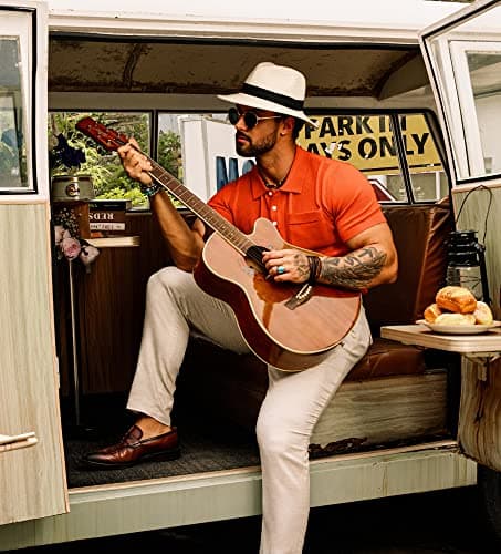 GRACE KARIN Men's Short Sleeve Lapel Collar Knitted Polo Shirts Knitting Lightweight Golf Tee Shirt for Office Orange S - Thumbnail 3