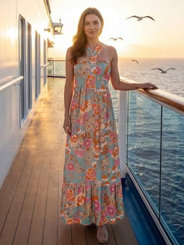GRACE KARIN 2025 Women Floral Halterneck Summer Dress A Line Flowy Maxi Dresses Greygreen XL - Thumbnail 5