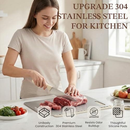Cookeers Stainless Steel Cutting Board for Kitchen - 13.5"L x 10"W Upgraded Ultra-Thin Double Sided Chopping Board, Non-porous & Odor-resistant, Food Grade Kitchen Cutting Boards, Dishwasher Safe - Thumbnail 3