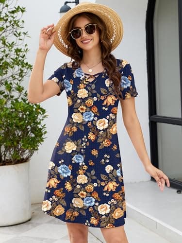 KORSIS Women's 2026 Trendy Dresses Summer Casual T-Shirt Short Sleeve Criss Cross V Neck Swing Teacher Pettite Maternity Flroal Dress with Pockets (S-2XL) - Thumbnail 3