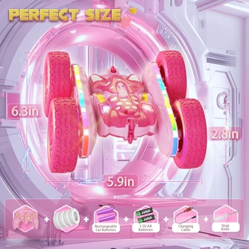 Terucle Remote Control Car for Girls, Pink RC Cars Stunt RC Car Girl Toys for Girls Double-Sided 360° Rotating with Headlights 4WD Kid Toys for Birthday Gifts (Pink) - Thumbnail 6