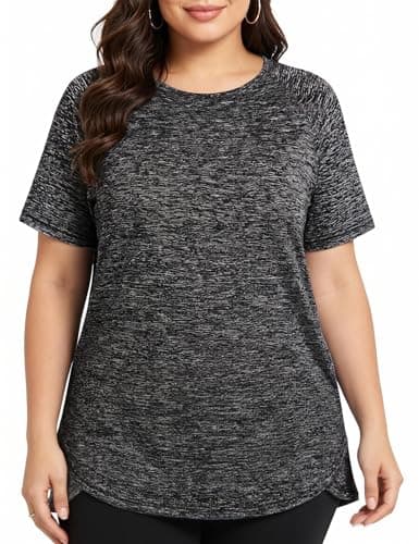 Hithymo Workout Clothes for Women Plus Size, Short Sleeve Gym Tops Loose Fit Tunic Length Crewneck Quick Dry Lightweight Moisture Wicking Breathable Yoga Running Tshirts Dark Grey - Image 1
