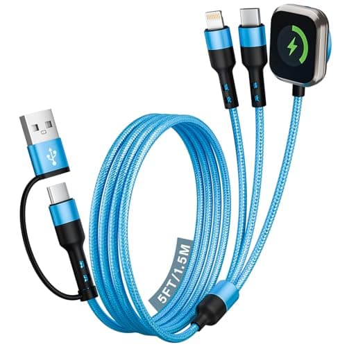 Cruise Travel Essentials 2026, 3 in 2 USB A/C Cable to iPhone 17 Charger/iWatch Charger/IP, Braided Multi Charging Cable Cord, Multi Charger Cable for iWatch Series & iPhone17-11/iPad [Blue, 5FT] - Image 1