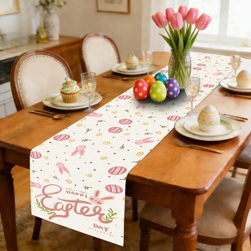 PECHAR Easter Table Runner Bunny Rabbits Eggs Table Runner Kitchen Dining Table Decoration Home Party 13.39x70.87 Inch - Thumbnail 2