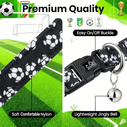 World Cup Dog Collar, Soccer Print Dog Collars for Puppy Small Medium Large Dogs with Bell for Female/Male Girl/Boy Dogs (Black, M for Medium Dog Collar) - Thumbnail 3
