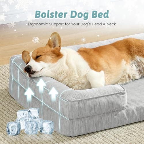 COZY KISS Cooling Dog Bed for Medium Small Size Dogs, Q-Max >0.4 Summer Cool Pet Bed, Orthopedic Foam Dog Sofa with Sides, Bolster Anti-Slip Couch with Washable Removable Cover, M 30x20x6 inch, Grey - Thumbnail 3