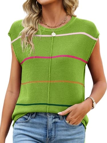 Bellcoco Womens Cap Sleeve Summer Tops Striped Sweater Vest Lightweight Casual Crewneck Loose Knit Pullover Tank Top Beach Vacation Outfits Green XXL - Image 1