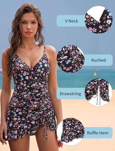 ZAFUL Womens Tummy Control Bathing Suit One Piece Swimsuit Over 50 Ruffle Swim Dress Long Torso Drawstring Swimwear Flower M - Thumbnail 4