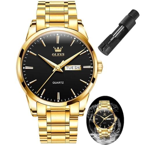 OLEVS Watch Men Gold Stainless Steel Black Watches for Men Luxury Large Face Analog Quartz Mens Watches Waterproof Classic Dress Wrist Watch for Man Day Date Casual Reloj para Hombre - Image 1