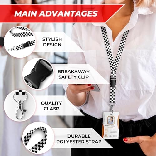 Black and White Checkered Lanyard - 17" x 0.8" Checkered Lanyards for ID Badges with Durable Polyester Strap & Detachable Stainless Steel Clasp - Lightweight Unisex Design Fits Keys, ID Cards & Passes - Thumbnail 4