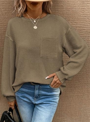 Dokotoo Women's Clothing Blouses Crewneck Long Sleeve Tops Waffle Shirts Top for Women Plus Size Clothes 2026 Summer Spring Sweaters Lightweight Fashion Trendy T Shirts Womens Crewneck Shirts - Thumbnail 2